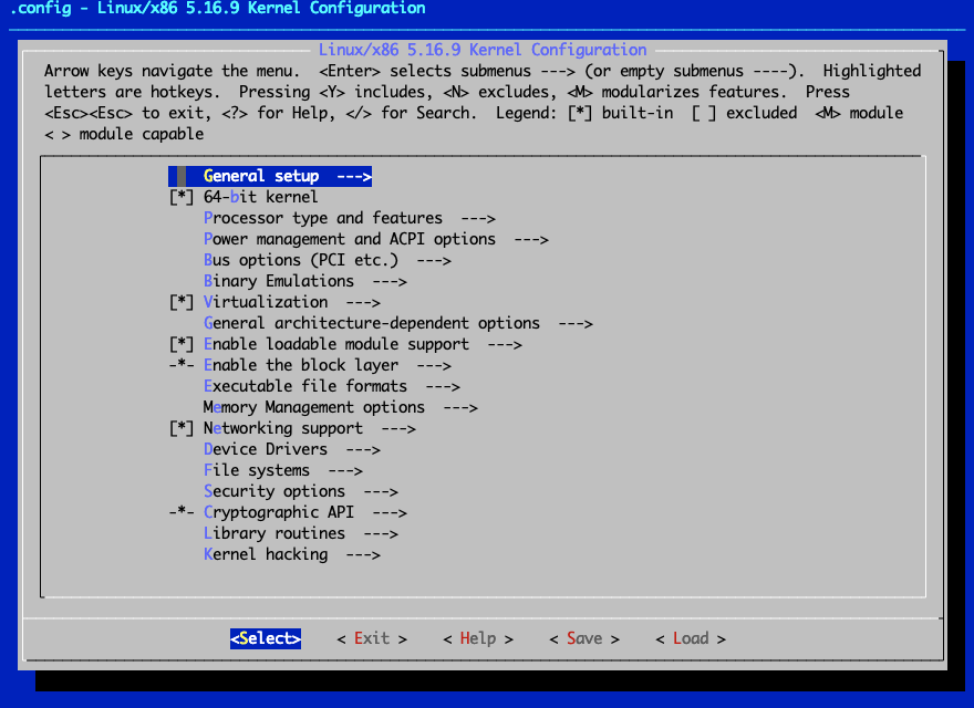 Schermata principale di Configurazione del Kernel